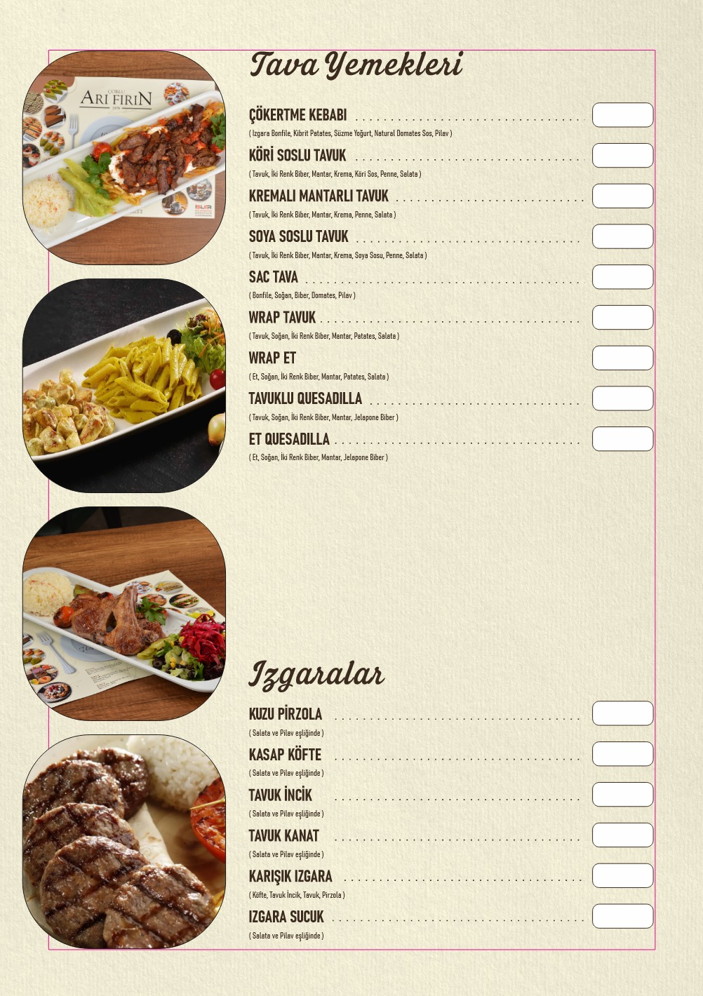 Arı Fırın Menü